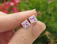 Real Princess Cut Pink Sapphire Stud  Earrings with Diamond Halo  in 14k white gold