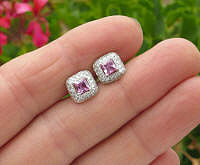 Princess Cut Real Pink Sapphire and Pave Diamond Stud Earrings in 14k white gold