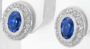 Bezel Set Natural Oval Ceylon Sapphire Diamond Earrings in 14k White GOld