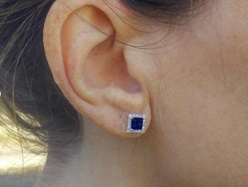 4mm Princess Cut Natural Blue Sapphire and Real Diamond Halo Stud Earrings in white gold for sale