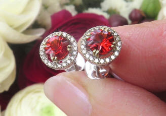 Natural red orange sapphire stud earrings in 14 white gold for sale