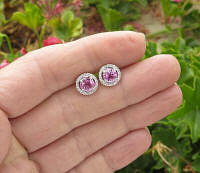 Real Pink Sapphire Stud Earrings with Diamond Halo. Natural Round Pink Sapphires.
