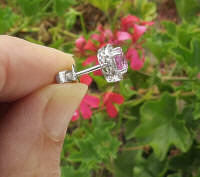 Natural Round Pink Sapphire and Diamond Halo Stud Earrings in 14k white gold
