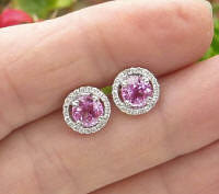 2 carat Round Cut Pink Sapphire Stud Earrings with Diamond Halo in 14k white gold