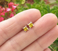 Real Yellow Sapphire Stud Earrings in 14k white gold with Natural Princess Cut Yellow Sapphires.