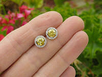 White Gold Real Yellow Sapphire Stud Earrings with Diamond Halo