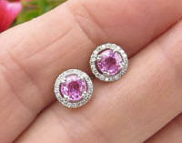 Natural 5mm Round Pink Sapphire Stud Earrings with Diamond Halo in 14k white gold