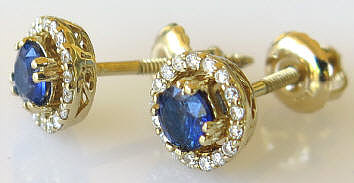 Petite natural Blue Sapphire Stud Earrings with a Diamond Halo in 14k yellow gold with screw back closure