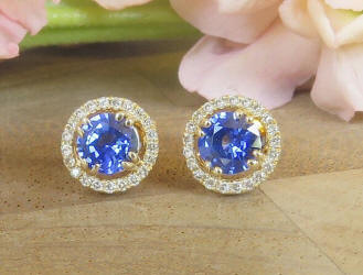 Round Natural Sapphire and Diamond Halo Earrings in 14k yellow gold