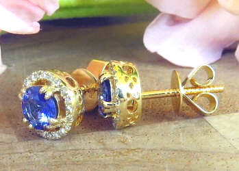 Round Natural Blue Sapphire and Diamond Halo Earrings in 14k yellow gold