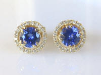 14k yellow gold Round Natural Sapphire Earrings with a  Diamond Halo