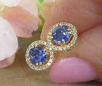 Round Natural Ceylon Sapphire and Diamond Halo Earrings in 14k yellow gold
