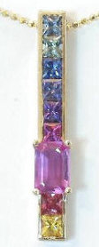 Rainbow Sapphire Line Pendant with Emerald Cut Pink Sapphire in 14k yellow gold