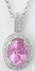 Natural Oval Pink Sapphire Pendant with Diamond Halo in 14k white gold