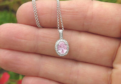Natural Light Pink Sapphire Pendant with Real Diamond Halo in 14k white gold