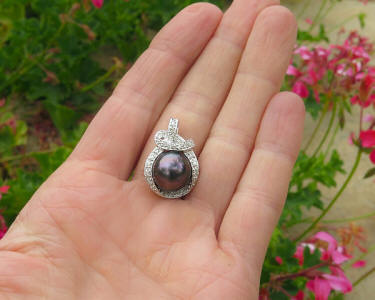 11 mm Natural Tahitian Pearl Pendant with Pave Diamond Setting in 14k white gold for sale