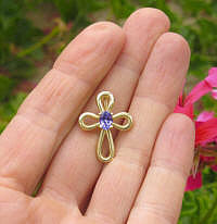 Yellow Gold Real Genuine Tanzanite Cross Pendant gift idea