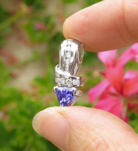 Trillion Natural Tanzanite and Diamond Slide Pendant  in 14k white gold for sale