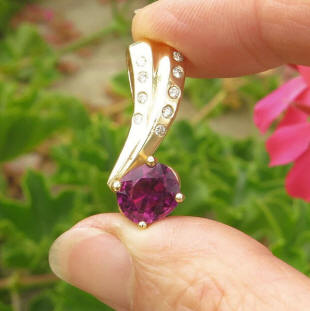 Natural Pink Tourmaline Pendant with Burnished Diamonds in 14k yellow gold for sale