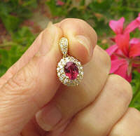 Rubellite Red Tourmaline Pendant with Real Diamond Halo in 14k yellow gold gift idea