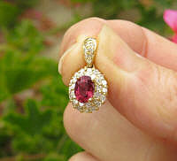 Rubellite Tourmaline Pendant with Diamond Halo in 14k yellow gold for sale