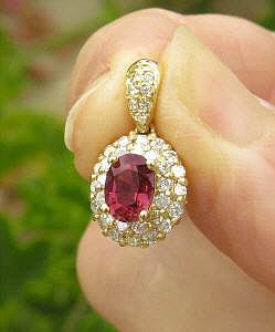 Rubellite Tourmaline Pendant with Diamond Halo in 14k yellow gold