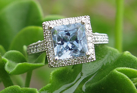 8mm princess aquamarine ring square diamond halo white gold