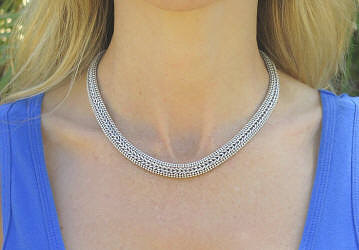 Heavy 18 inch Solid 14k White Gold Italian Woven & Beaded Necklace with Large Spring Ring Clasp for sale