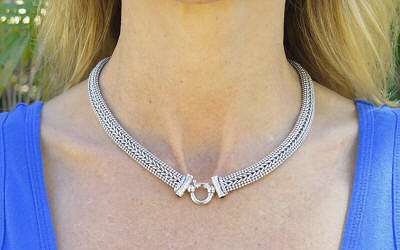 Fancy 18 inch 14k White Gold Italian Woven & Beaded Necklace with Large Spring Ring Clasp and Sapphire Cabochons