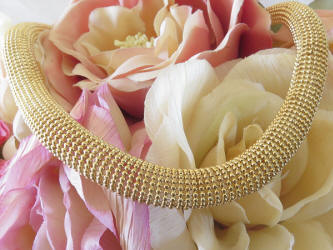 Heavy 14k Yellow Gold Beaded Cage Mesh Necklace with Oversized Diamond Accent Clasp