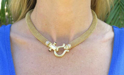 Italian 14k Yellow Gold Fashion Necklace Beaded Cage Mesh Necklace with Large Diamond Accent Clasp