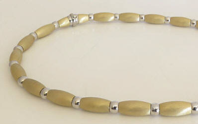 16 5/8 inch Heavy 14k Yellow and White Gold Neckalce with Oval Satin Yellow Gold Beads & Polished White Gold Beads for sale
