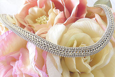 Real 14k White Gold Italian Woven & Beaded Necklace with Sapphire Cabochons and Fancy Ring Clasp