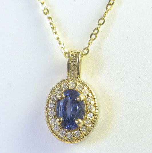 14k Yellow Gold Natural Blue Sapphire Pendant with Diamond Halo (GP-5109)