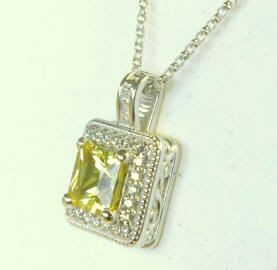 6mm Princess Cut Natural Yellow Sapphire Necklace with a Diamond Halo set in 14k white gold