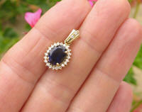 Natural Oval Iolite Pendant with real  Diamond Halo Pendant in 14k yellow gold