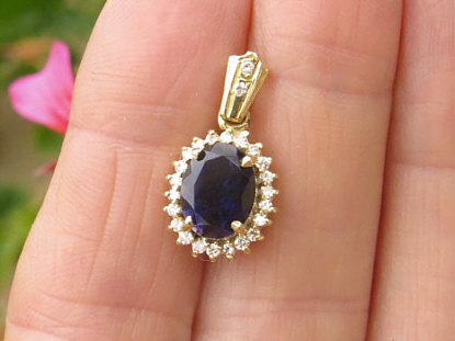 Oval Iolite and Diamond Halo Pendant in 14k yellow gold for sale