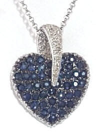 Pave Blue Sapphire and Diamond Heart Necklace in 14k white gold