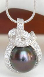 Tahitian Pearl and Wrapped Diamond Pendant in 14k white gold