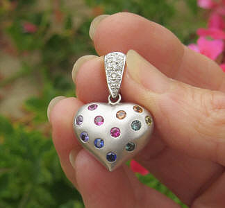 Natural Rainbow Sapphire Puffed Heart Pendant in 14k white gold
