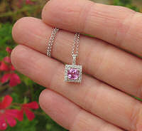 Bright Bubble Gum Pink Sapphire and Diamond Pendant in 14k white gold