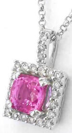 Bright Pink Sapphire and Diamond Halo Necklace in 14k white gold