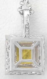 Back View of Princess Cut Yellow Sapphire and Diamond Halo Pendant in 14k white gold