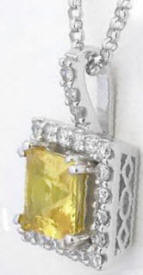 Princess Cut Yellow Sapphire and Diamond Halo Pendants in 14k white gold