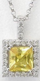 Princess Cut Yellow Sapphire and Diamond Halo Necklace in 14k white gold