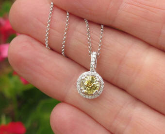 6mm Natural Yellow Sapphire and Diamond Halo Pendant in 14k white gold