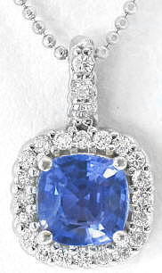 Cushion Cut Ceylon Blue Sapphire and Diamond Pendant in 14k white gold