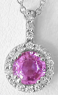 Round Natural Pink Sapphire Pendant with a Diamond Halo in 14k white gold for sale