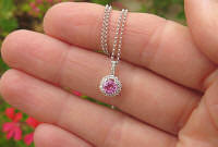 Round Real Pink Sapphire Pendant with Genuine Diamond Halo in 14k white gold