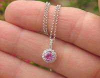 Round Natural Pink Sapphire Pendant with Real Diamond Halo in 14k white gold